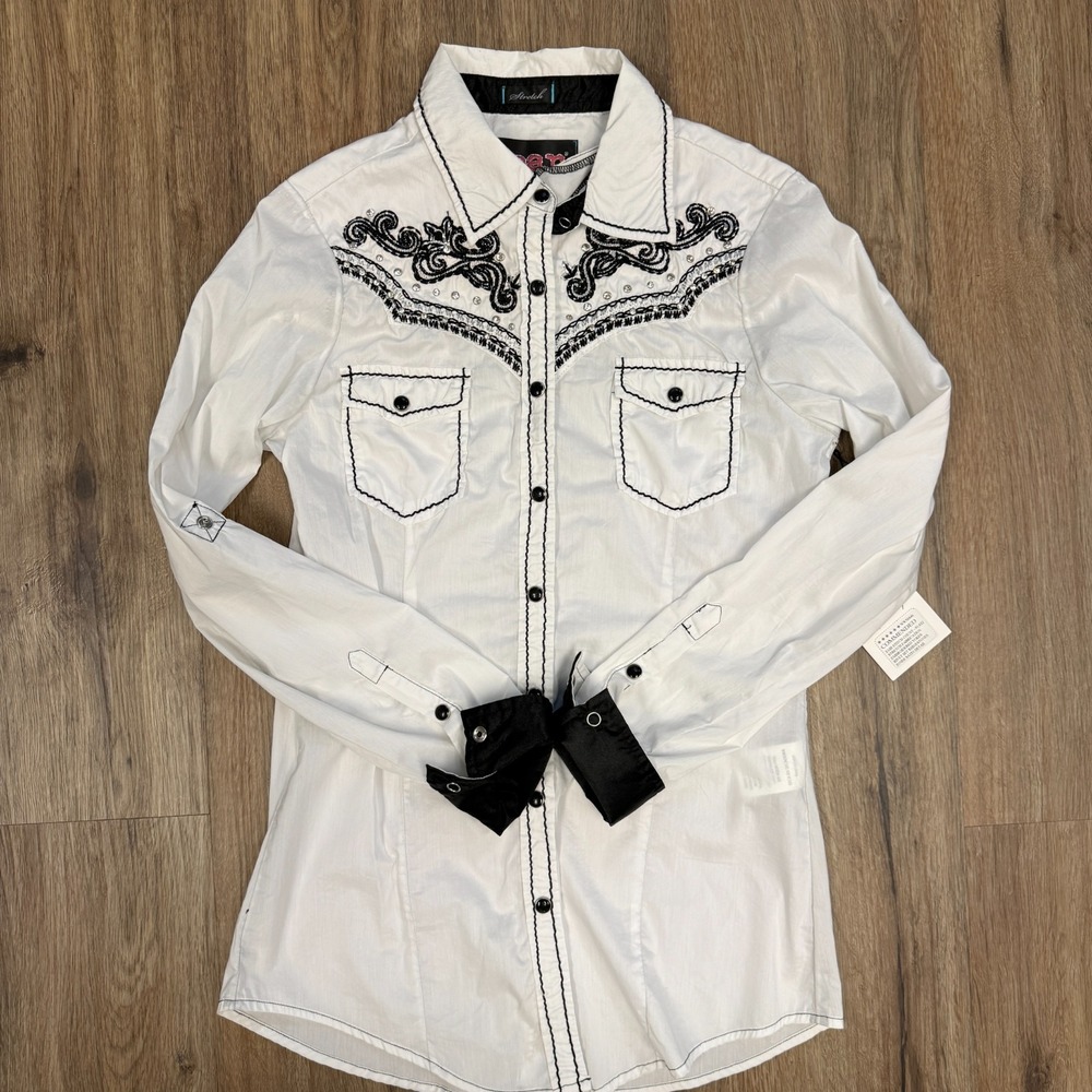 Roar Western Button Up Shirt Womens 6 Small White Embroidered Rhinestone Rodeo